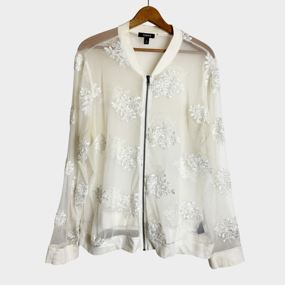 TORRID Lace Mesh Embroidered Bomber Jacket Size 2 Ethereal Fairycore Romantic